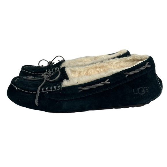 UGG Women SZ 9 TATE 10164 Black Suede Wool Lined Slip On Moccasin Slipper Shoe - Picture 4 of 12
